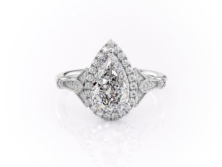 The Halo Stephanie Set With A 3 Carat Pear Moissanite For Sale